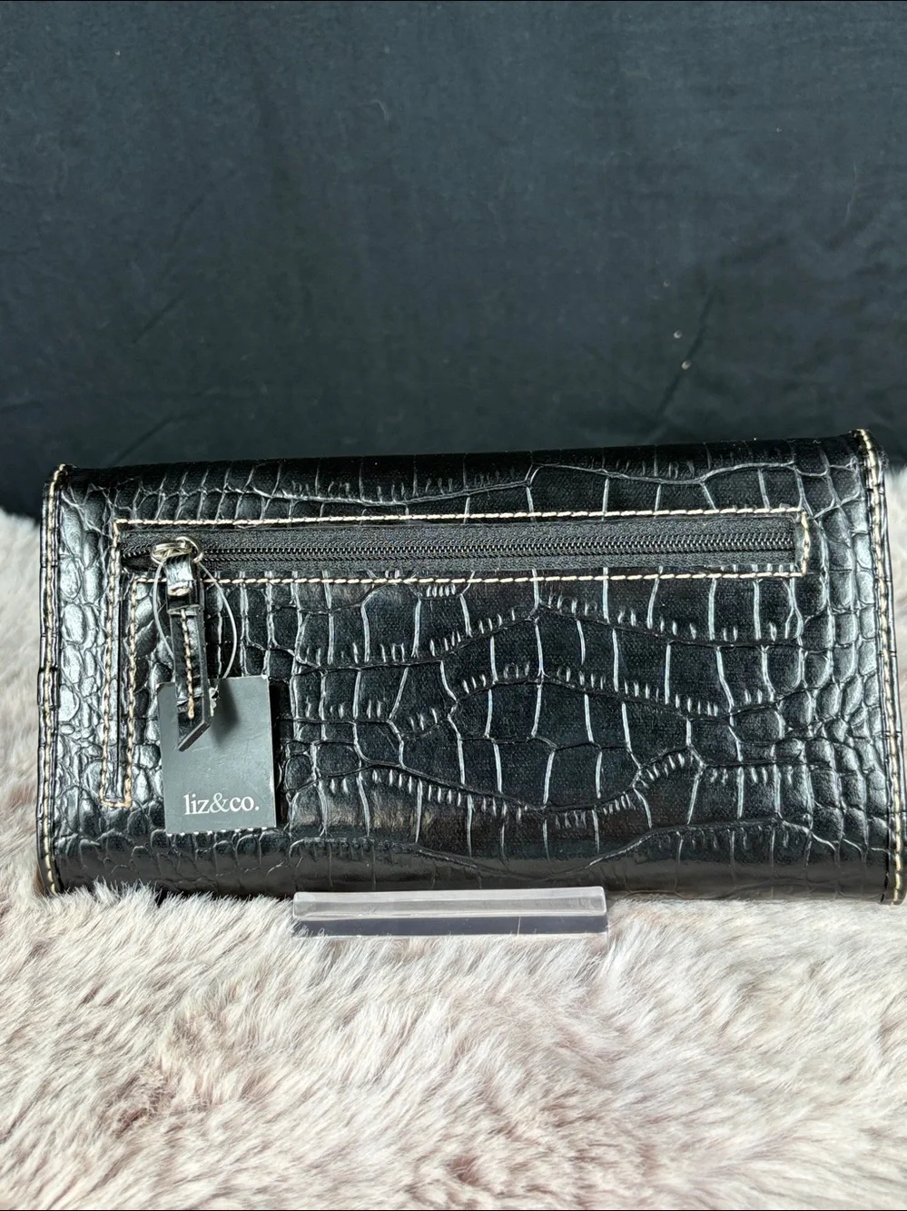 Liz & Co. Black Crocodile Embossed Checkbook Wallet Classic Stitching NWT